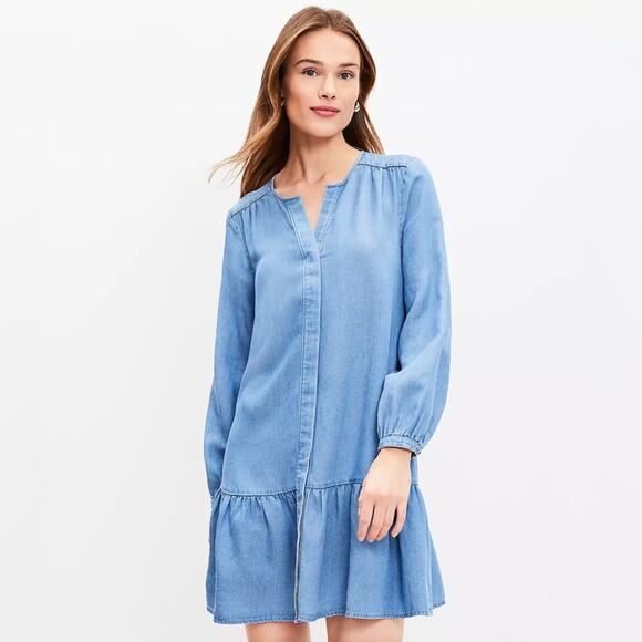 NWT- Loft Chambray Button Down Ruffle Flounce Drop Waist Dress- Size MP - Picture 1 of 12